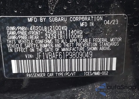 2023 Subaru Wrx Premium z USA, uszkodzony, nr VIN JF1VBAF61P9809049